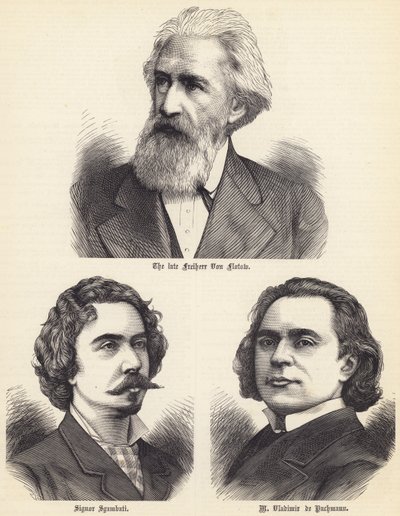 Il defunto Freiherr Von Flotow, Signor Sgambati, M Vladimir de Pachmann (incisione) da English School