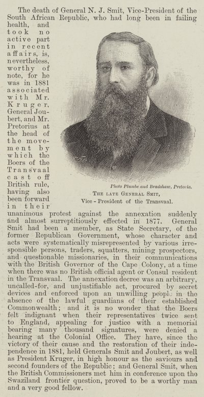 Il defunto generale Smit, vicepresidente del Transvaal (incisione) da English School