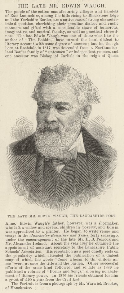 Il defunto Signor Edwin Waugh, il Poeta del Lancashire (incisione) da English School