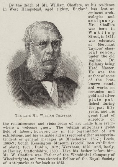 Il defunto signor William Chaffers (incisione) da English School