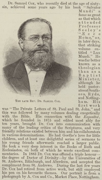 Il defunto Reverendo Dr Samuel Cox da English School