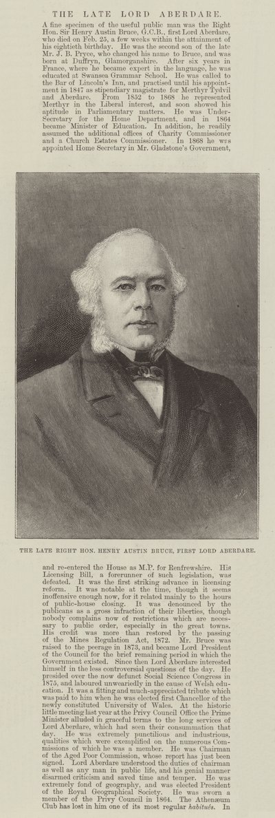 Il defunto Onorevole Henry Austin Bruce, Primo Lord Aberdare da English School