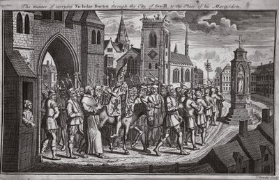 Il modo di portare Nicholas Burton attraverso la città di Siviglia al luogo del suo martirio, illustrazione da Foxes Martyrs c.1703 da English School