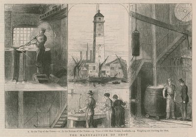 La fabbricazione di proiettili; vista della vecchia torre dei proiettili, Lambeth da English School