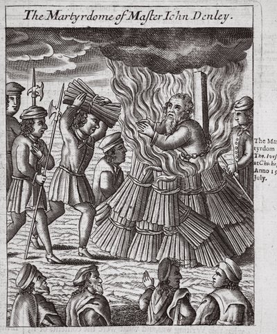 Il martirio del maestro John Denley, illustrazione da "Atti e monumenti" di John Foxe, nona edizione, pub. 1684 (litografia) da English School