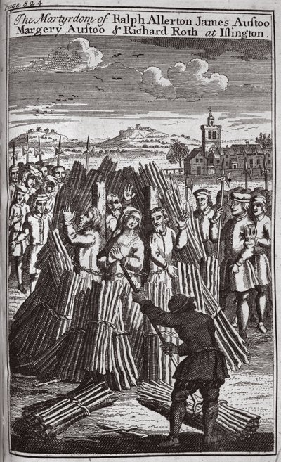 Il martirio di Ralph Allerton James Austoo, Margery Austoo e Richard Roth a Islington, illustrazione da "Foxes Martyrs", 1703 circa (litografia) da English School