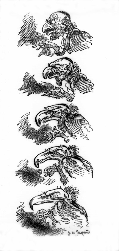 La metamorfosi di un ebreo in avvoltoio. Vignetta antisemita pubblicata il 12/09/1935 su "Moonshine", Londra da English School