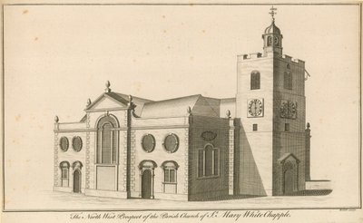 Prospetto nord-ovest della Chiesa Parrocchiale di Santa Maria, Whitechapel, Londra da English School