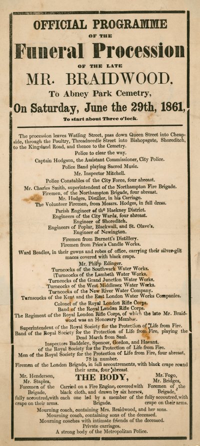 Il programma ufficiale del corteo funebre del defunto Sig. Braidwood, Sovrintendente della Brigata dei Vigili del Fuoco di Londra da English School