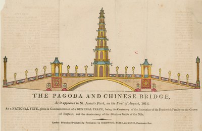 La pagoda e il ponte, come appariva in St Jamess Park, Londra, il 1 agosto 1814 da English School