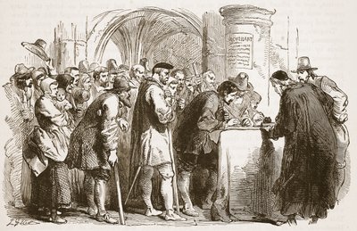 Il popolo firma il Patto nella chiesa di St. Giles, Edimburgo, illustrazione da Cassells Illustrated History of England da English School