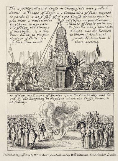 La demolizione della Croce di Cheapside da parte degli iconoclasti e puritani, e il rogo del Libro degli Sport nello stesso luogo la domenica successiva di maggio 1643, 1809 da English School