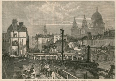 I lavori ferroviari a Blackfriars e apertura verso Ludgate Hill, Londra, visti dal ponte temporaneo da English School