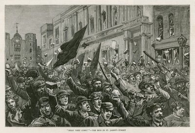 I disordini nel West End di Londra, 8 febbraio 1886: Eccoli che arrivano! - La folla in St Jamess Street, Londra da English School