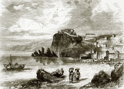La roccia e la città di Scilla, costa della Sicilia da English School
