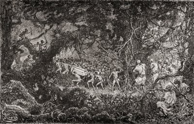 Gli esploratori della spedizione di soccorso di Emin Pasha di Sir Henry Morton Stanley, in Africa nel 1888, scoprono Pigmei che trasportano una cassa di munizioni, pub. 1890 da English School