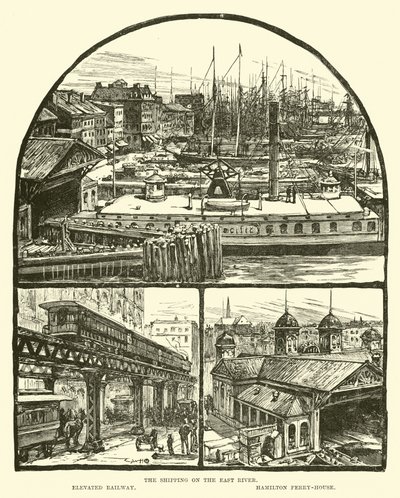 Il traffico sul Fiume East; Ferrovia Elevata; Casa del Traghetto di Hamilton da English School