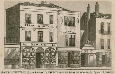 La vetrina di Isaac Newton, venditore di lino di 14 Leicester Square, Londra da English School