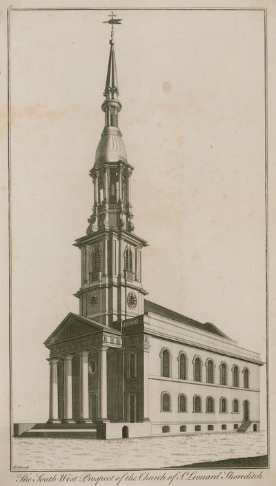 Prospetto sud-ovest della Chiesa di San Leonardo, Shoreditch da English School
