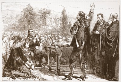 Il giuramento e la sottoscrizione del Patto Nazionale nel cimitero di Greyfriars, Edimburgo, illustrazione da The History of Protestantism di James Aitken Wylie, pub. 1878 da English School