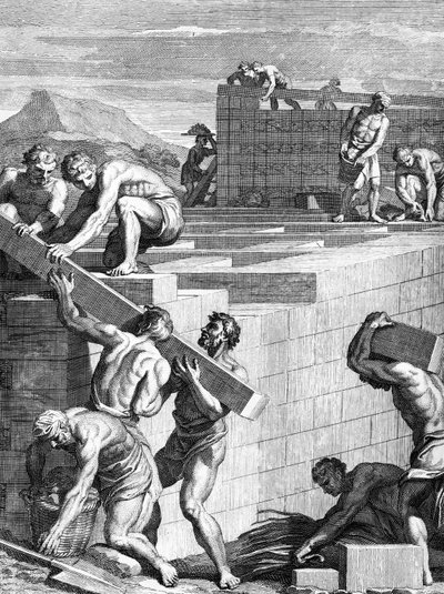 Le mura delle città tra i Galli sono costruite con corsi alternati di pietre e travi, inciso da Cornelis Huyberts, illustrazione ai Commentari di Cesare tradotti in inglese da William Duncan da English School