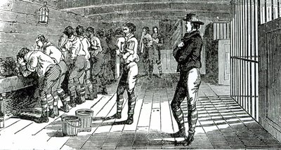 La sala di lavaggio sotto coperta - sindacalisti condannati trasportati in Australia, illustrato in I Martiri di Tolpuddle, pubblicato dal Congresso dei Sindacati, 1834 da English School