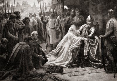 La moglie di Re Edoardo III, la regina Filippa di Hainault, intercede davanti al marito per chiedere che le vite dei sette Borghesi di Calais siano risparmiate (stampa) da English School