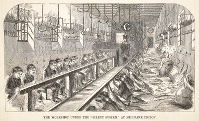 Il laboratorio sotto il Sistema Silenzioso alla prigione di Millbank, illustrazione da The Criminal Prisons of London and Scenes from Prison Life di Henry Mayhew e John Binny, pub. 1862 da English School