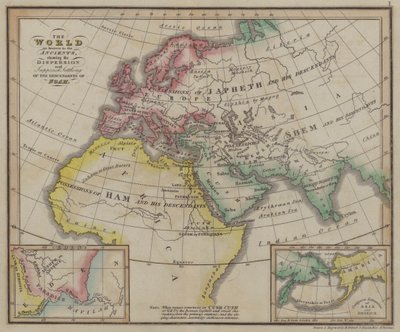 Il mondo conosciuto dagli Antichi che mostra la Dispersione e il Presunto Insediamento dei Discendenti di Noè da English School