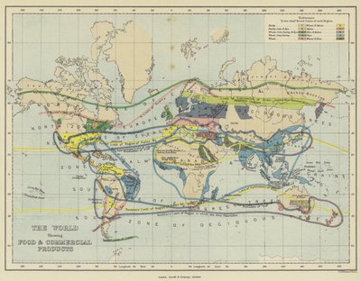 Il mondo che mostra cibo e prodotti commerciali (litografia a colori) da English School