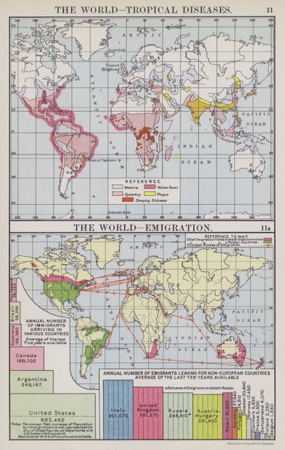 Il mondo, malattie tropicali, Il mondo, emigrazione (litografia a colori) da English School