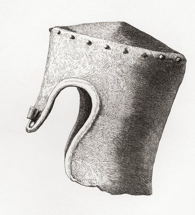 Elmo cilindrico a sommità piatta del XIII secolo con nasale, scavato al Castello di Montgomery nel 1841, da The British Army: Its Origins, Progress and Equipment, pubblicato nel 1868 da English School