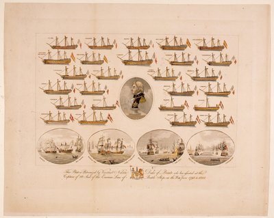 Questa lastra è patrocinata dal visconte Nelson duca di Bronte che ha assistito alla cattura di 26 navi da battaglia nemiche nella guerra dal 1793 al 1805 (incisione colorata) da English School