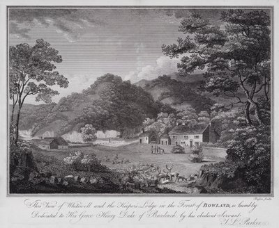 Questa vista di Whitewell e la casa del guardiacaccia nella foresta di Bowland, è umilmente dedicata a Sua Grazia Henry Duca di Buccleuch, dal suo obbediente servitore J L Parker da English School