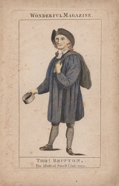 Thomas Britton: Il piccolo uomo del carbone musicale, illustrazione da Wonderful Magazine, c.1764 (incisione colorata a mano) da English School