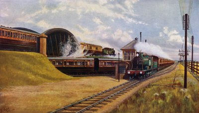 Tre treni espressi della London and South Western Railway a Battledown Junction, Hampshire da English School