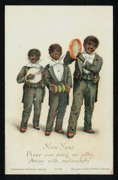 Tre ragazzi neri che suonano strumenti musicali, cartolina di auguri di Capodanno da English School