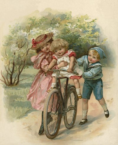 Tre bambini che giocano con una bicicletta da English School