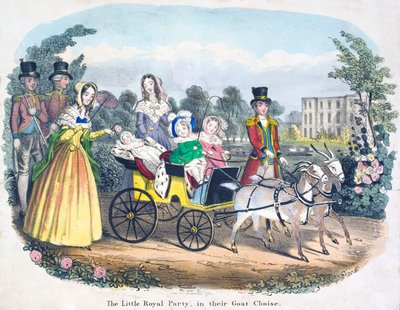 Tre dei figli della Regina Vittoria che cavalcano in una carrozza trainata da capre da English School