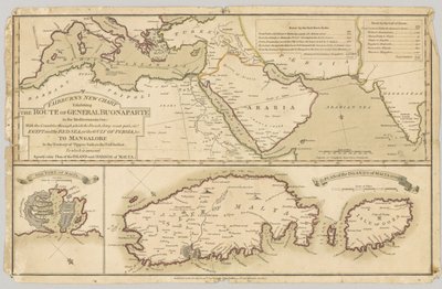 Tre mappe colorate stampate: Nuova Carta di Fairburn che mostra il percorso del Generale Bonaparte nel Mar Mediterraneo, 1798 da English School