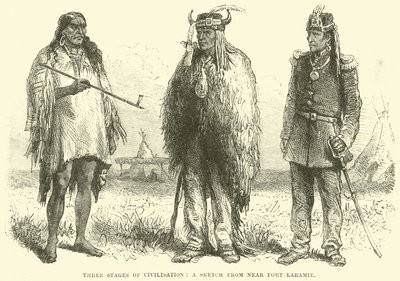 Tre stadi di civilizzazione, uno schizzo vicino a Fort Laramie da English School