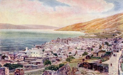 Tiberiade e il Mare di Galilea, Israele, c.1910 (litografia a colori) da English School
