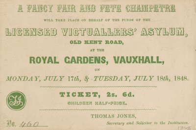 Biglietto per una Fiera di Fantasia e Fête Champetre ai Giardini Reali, Vauxhall, Londra da English School