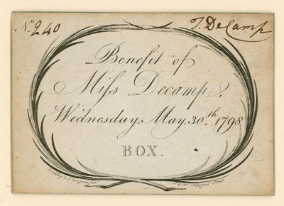 Biglietto per il Drury Lane Theatre, Londra: Beneficio di Miss Decamp, 30 maggio 1798 da English School