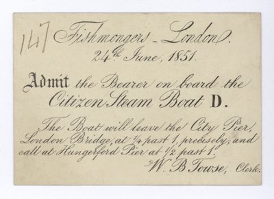 Biglietto per i pescivendoli di Londra per fare un giro in barca sul Citizen Steam Boat, 24 giugno 1851 da English School