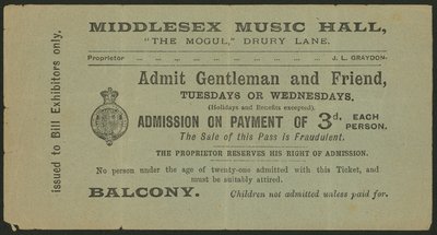 Biglietto per il Middlesex Music Hall, The Mogul, Drury Lane, Londra da English School