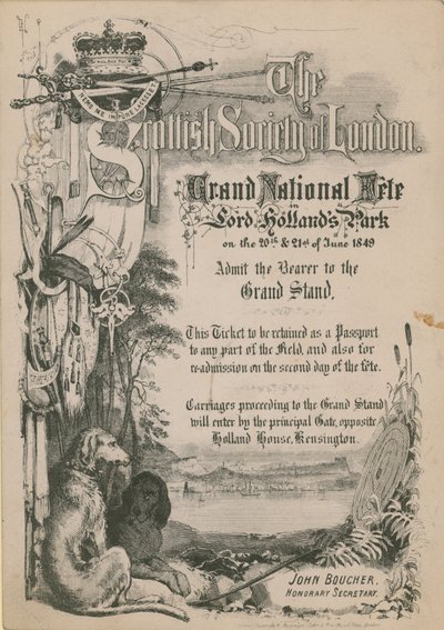 Biglietto per la Grande Festa Nazionale della Società Spagnola di Londra nel Parco di Lord Holland da English School