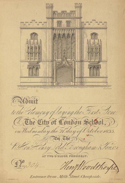 Biglietto per la posa della prima pietra della City of London School, 21 ottobre 1835 da English School