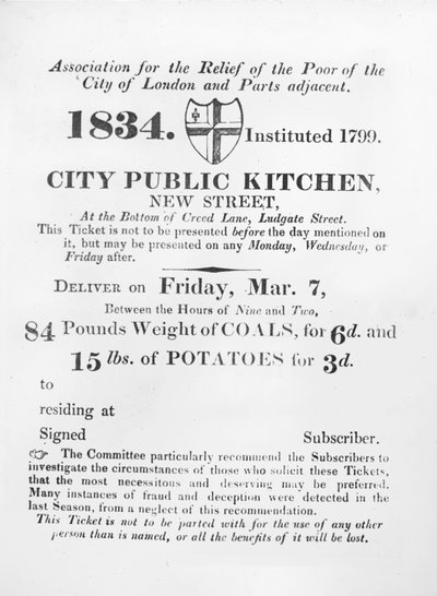 Biglietto emesso ai poveri per ricevere carbone e patate dalla Cucina pubblica della città, New Street, Londra, 1834 da English School