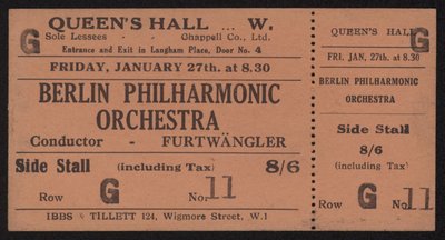 Biglietto per un concerto della Berlin Philharmonic Orchestra, Queens Hall, Londra, venerdì 27 gennaio 1928 da English School